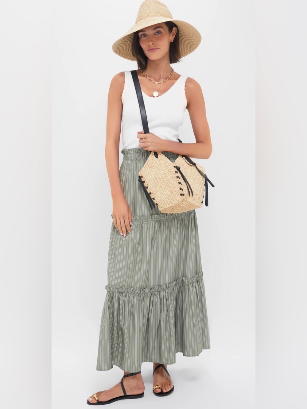Tuckernuck Prado Light Sage Green Striped Maxi Skirt boho nautical size small